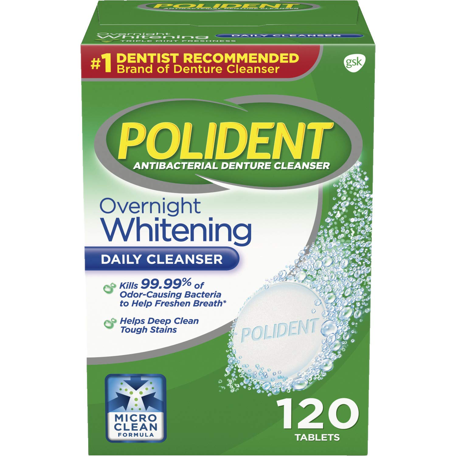 Polident Overnight Whitening, Antibacterial Denture Cleanser, Triple Mint Freshness 120 ea (Pack of 5)
