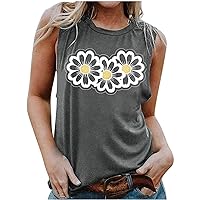 Tank Top for Women Summer Round Neck Sleeveless Sunflower Print Tops Basic Tees Comfy Workout T Shirts Casual Blouse