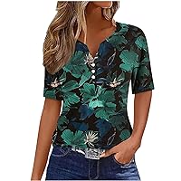 Cute Floral Print Tops for Women Elegant Casual Blouses Summer Henley V Neck Short Sleeve T Shirts Boho Graphic Tees