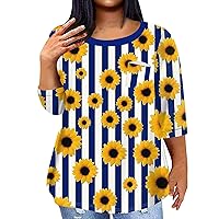 Plus Size Clothing for Women Plus Size Tops for Women Sunflower Print Casual Fashion Trendy Loose Fit with 3/4 Sleeve Round Neck Shirts Dark Blue 5X-Large