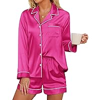 Ekouaer Silk Pajamas Womens Long Sleeve Sleepwear Soft Satin Button Down Loungewear 2 Piece Pjs Shorts Set S-XXL Rose Red