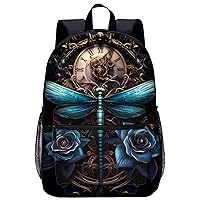 Vintage Clock Dragonfly 17 Inch Laptop Backpack Large Capacity Daypack Travel Shoulder Bag for Men&Women