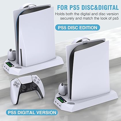 PS5 Stand and Cooling Station with Dual Controller Charging Station for Playstation 5 Console, PS5 Accessories Incl. Controller Charger, Cooling fan, Headset holder, 3 USB Hub, Media Slot, Screw White