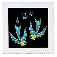 3dRose Tattoo Style Swallows in Blue and Yellow On Black - Quilt Squares (qs_355582_2)