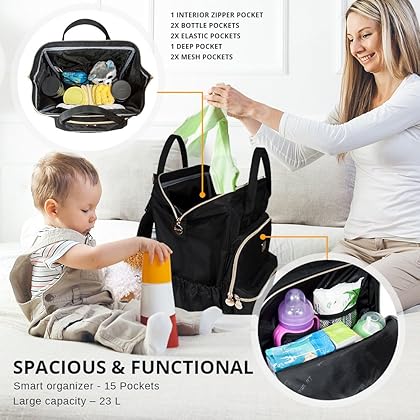Premium Diaper Bag Backpack by Liname - Extra-Wide Zip Opening, Large Capacity & Stylish Design - Includes Bonus Stroller Straps & Waterproof Changing Pad - Easy to Clean and Looks Great