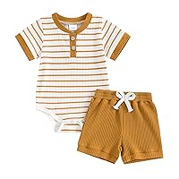 Newborn Baby Boy Girl Summer Clothes Striped Short Sleeve Ribbed Romper Tops Elastic Shorts Set Infant Outfits