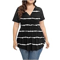 Plus Size Tops for Women Lace Short Sleeve Wrap Dressy Shirt V Neck Low Cut Babydoll Blouse Pleated Flowy Tunic Top
