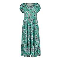Women's Paisley Dress Short Sleeve Floral Maxi Long Dress Boho Flowy Casual Dresses