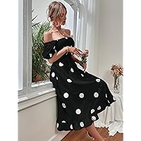 Dresses for Women - Polka Dot Print Puff Sleeve Shirred Ruffle Hem Dress (Color : Black and White, Size : Small)