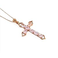 Natural Pink Morganite Gemstone Holy Cross Pendant Necklace October Birthstone 925 Sterling Silver Morganite Jewelry Proposal Necklace Love and Friendship Gift For Girlfriend (PD-8498)