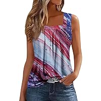 July 4th Shirts for Women,Summer Women's Sleeveless Pleated Loose Fit Square Neck Design Casual Street Style Daily Tank Top