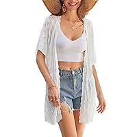 GRACE KARIN Womens Short Sleeve Open Front Crochet Knit Cardigan Lightweight Summer Kimono Boho Cardigans with Side Slit