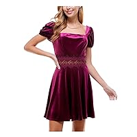 Womens Purple Zippered Lace Trim Waist Pouf Sleeve Square Neck Short Party Fit + Flare Dress Juniors 7