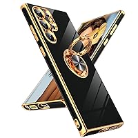 LeYi for Samsung Galaxy S22 Ultra Case 360° Rotatable Ring Holder Magnetic Kickstand, Plating Rose Gold Edge Protective Galaxy S22 Ultra Case, Black