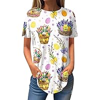 Women's Easter Shirts Fashion Casual Positive Shoulder Round Neck Print Short Sleeve Pullover T-Shirt Top, S-3XL