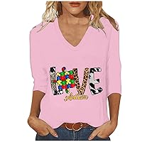 Womens Autism Awareness Shirts Funny Leopar Love Autism Puzzle Print Tees 3/4 Sleeve V Neck Pullover Tops Blouse