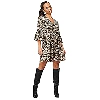 Elina fashion Women's Faux Georgette Flared Mini Animal Print Dress V-Neck Summer Casual Tiered Dresses