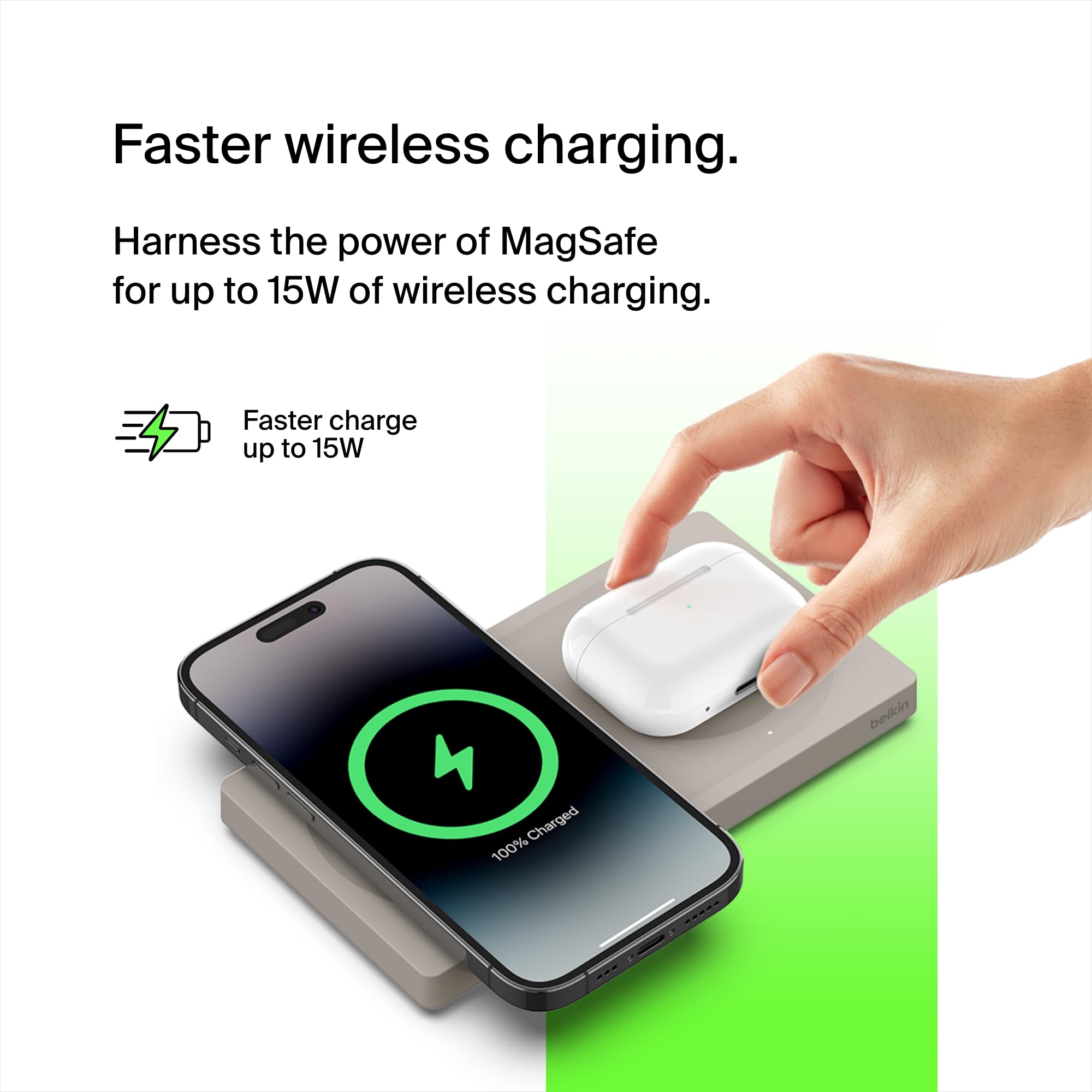 Belkin BoostCharge Pro 2-in-1 Wireless Charging Pad with MagSafe 15W, Fast Charging iPhone Charger Compatible with iPhone 15, 14, 13, and 12 Series, AirPods, and Other MagSafe Enabled Devices - Sand