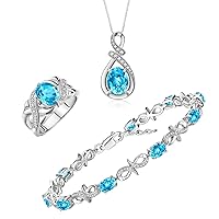 Rylos Sterling Silver Love Knot Set: Tennis Bracelet, Ring & Necklace. Gemstone & Diamonds, 7