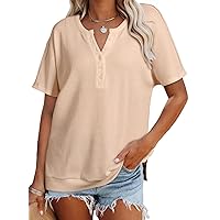 Dokotoo Womens Casual Short Sleeve Waffle Knit V Neck Button Down Shirts Side Slits Loose Tunic Tops Blouses