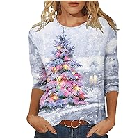 Merry Christmas 3/4 Sleeve Tops for Women Cute Xmas Tree Tshirts Plus Size Crew Neck Blouse Soft Holiday Pullover Tees