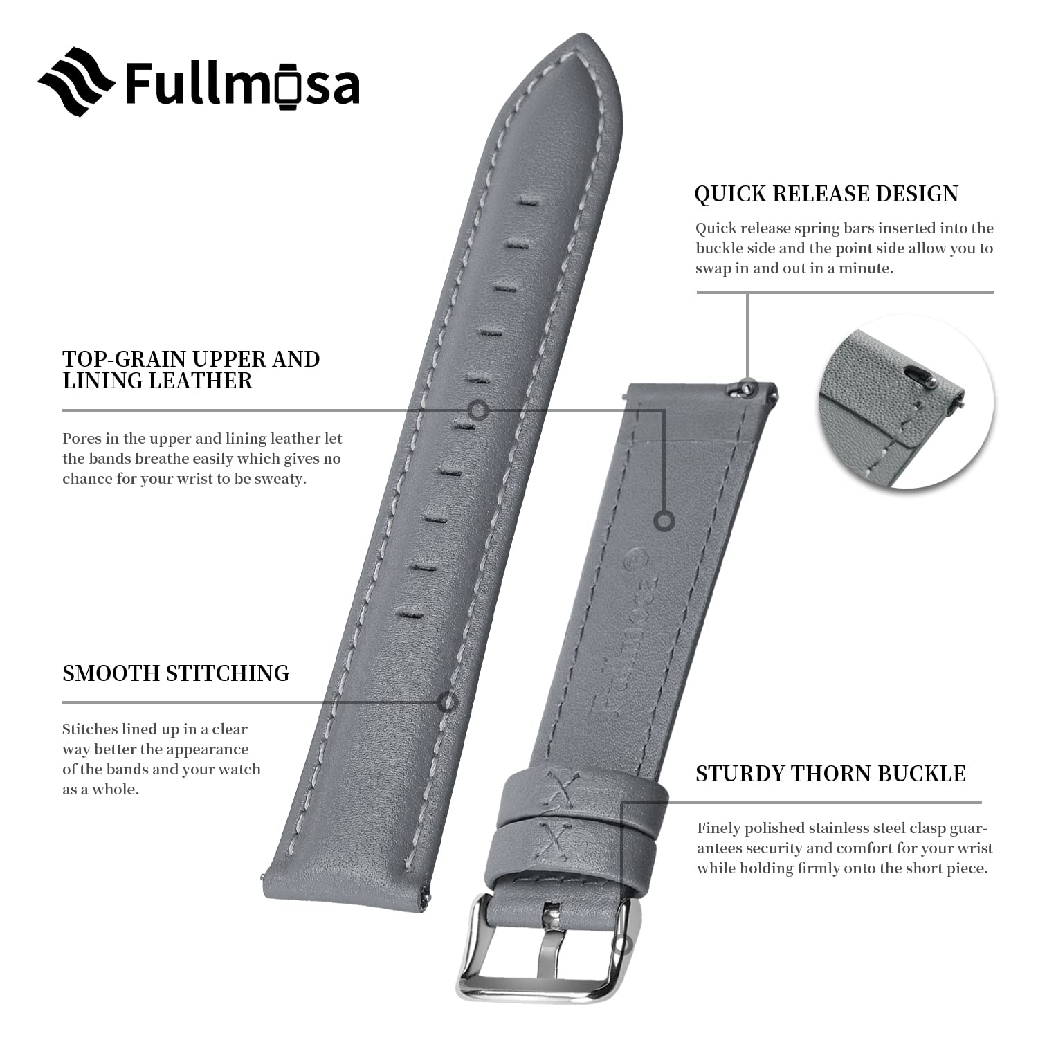 Fullmosa 22mm Leather Watch Bands Compatible with Samsung Galaxy Watch 46mm,Galaxy Watch 3 45mm,Gear S3 Frontier/Classic,Huawei Watch GT,Garmin Vivoactive 4/Forerunner 945,Grey