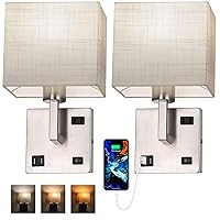 AVV Bedroom Sconces Set of 2, Wall Mounted Bedside Lamps with USB Port, AC Outlet and 3 Color Selectable 2700K/4000K/5000K, Wall Lamps for Bedroom Living Room Hotel, Hardwire, Nickel
