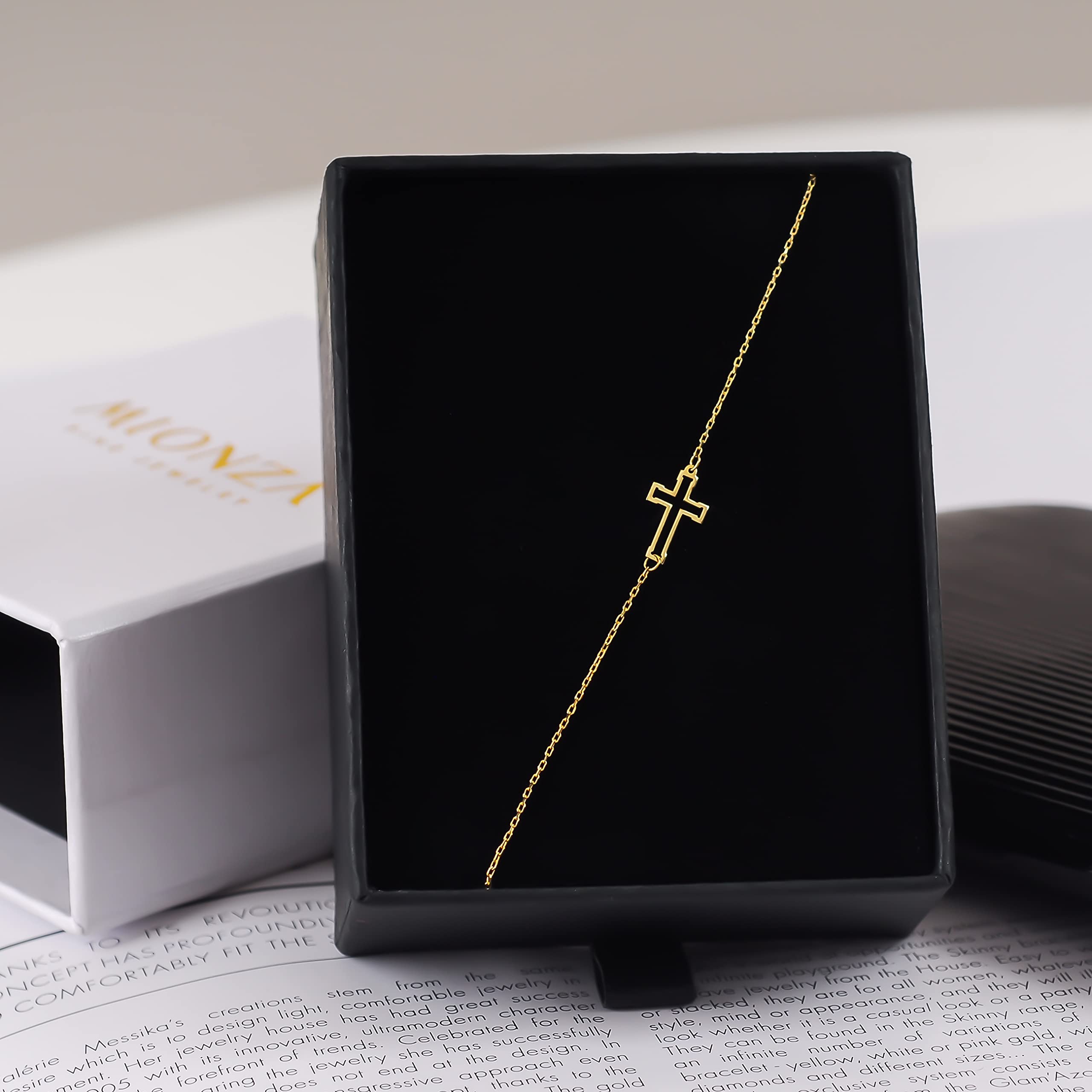 MIONZA Jewelry 14k Solid Gold Cross Bracelet for Women, Teen Girls, Baby | Real Gold Sideways Adjustable Cross Bracelet | Gold Plated Bracelet for Women | Christian Baptism Gift