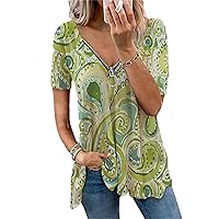 Andongnywell Women's T Shirts V Neck Zipper Pullover Print Short Sleeve Tops Summer Casual Loose Fit Blouses Tunics