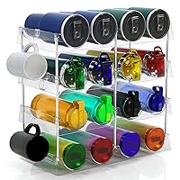 Large Water Bottle Organizer for Cabinet w 8 Hooks - Stackable Clear Bottle Storage Organizer, Acrylic Plastic Tumbler Travel Mug Cup Organizer Holder Wine Rack for Countertop-2oz to 32oz