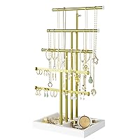 Love-KANKEI Jewelry Organizer Stand,5 Tier Large Necklace Holder with Wood Base,Jewelry holder stand Tree for Display,Bracelets Earrings Rings,Height Adjustable Mother's Day Gift White and Gold