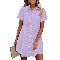 GRAPENT Denim Dress for Women Babydoll Tiered Short Sleeve Button Down Jean Shirt Dresses