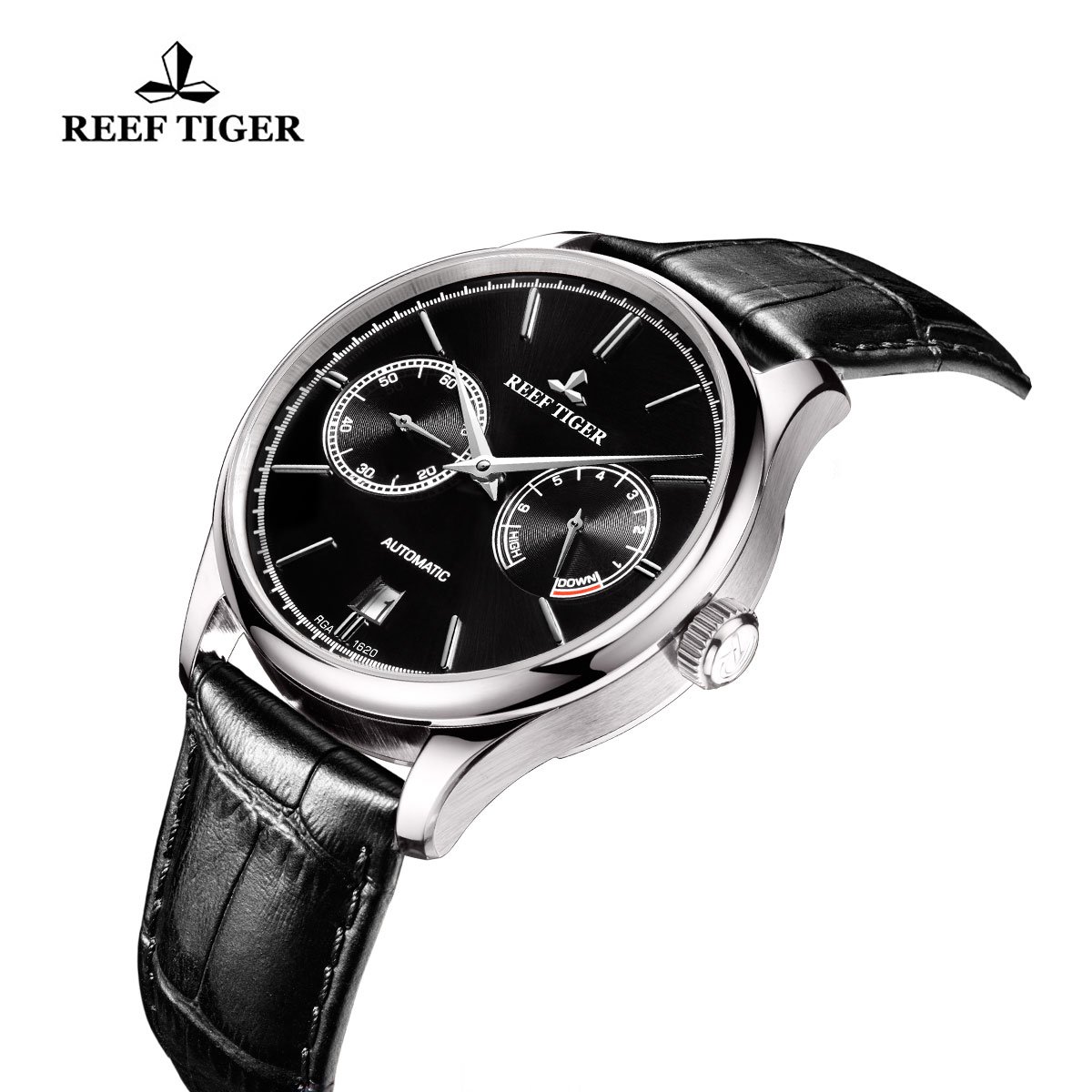 REEF TIGER Casual Mens Watches Date Power Reserve Steel Case Automatic Watches Leather Strap RGA1620