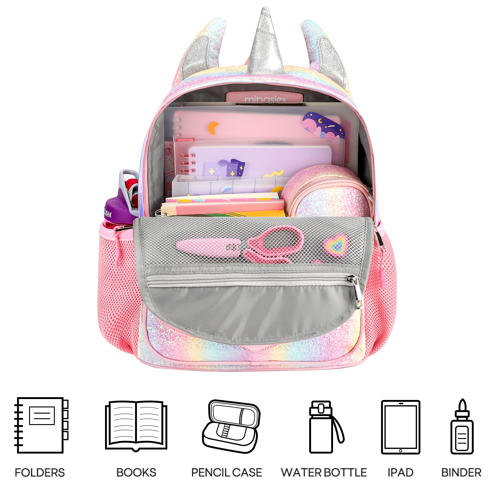 mibasies Girls Backpack for Kids, Unicorn Backpack for Girls, Glitter Rainbow Elementary School Backpack(Glitter Rainbow)