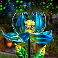 Solar Garden Lights Metal Flower Decor, Colorful Spinning Windmill Lotus Pathway Ligths with LED Cracked Crystal Ball Outdoor Decorative Stake Lighting Waterproof Flower Sculpture for Patio Yard