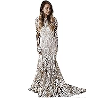 Women's Western Wedding Dress with Train 2 Pieces Long Sleeves Floral Lace Sheath Country Bridal Gown for Bride