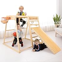 Indoor Playground,Toddler Wood Playset 9-in-1 with Slide,Basketball Frame, Swing, Jungle Gym, Swedish Ladder, Monkey Bars, Rope Ladder, Rock Wall Dome for Ages 1-6
