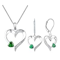 YL Heart Pendant Necklace 925 Sterling Silver Love Heart Dangle Earrings Created Emerald Jewelry Set for Women