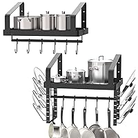 X-cosrack Pot Racks Wall Mounted Set of 2,with Towel Bar and Pots Pans Lids Organizer, Kitchen Cookware Hanging Shelves with 12 Hooks, Black