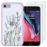 for iPhone SE 2020/7/8 Case with Tempered Glass Screen Protector [2 Pack], Clear Floral Flowers Pattern Hard PC Back and Soft TPU Bumper Girls Women Protective Silicone Slim Case (Purple)