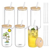 Clear Sublimation Glass Cups Blanks with Bamboo Lid and Straw 6pcs Set, 16oz Sublimation Glass Tumbler, Sublimation Beer Can Glass for Iced Coffee Soda Drinks