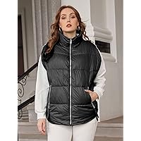 Women's Large Size Fashion Casual Winte Plus Zip Up Puffer Vest Coat Leisure Comfortable Fashion Special Novelty (Color : Black, Size : XX-Large)