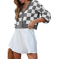 Dokotoo Womens Checkered V Neck Button Down Long Sleeve Cable Knit Cropped Cardigan Sweaters Tops