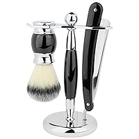 SS5 Black Three Piece Straight Shave Kit with Razor, Brush and Stand with Wood Handles