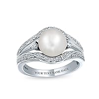 Bling Jewelry Personalize Bridal Art Deco Style Freshwater White Cultured Pearl Cocktail Statement Engagement Ring For Women Pave Triple Split Band .925 Sterling Silver Customizable