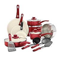 GreenLife Soft Grip Healthy Ceramic Nonstick 16 Piece Kitchen Cookware Pots and Frying Sauce Pans Set, PFAS-Free, Dishwasher Safe, Red