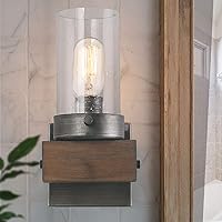 LOG BARN Wooden Vanity Lights, Wall Sconce with Rustic Base and Seeded Glass Shade, Farmhouse Metal Bathroom Fixtures Over Mirrors for Bedroom, Powder Rooms