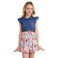 Girls Cotton Flutter Sleeve Dress Lapel Collar Shirt Denim Crop Top with Floral Swing Skirt Summer Beach Sundress