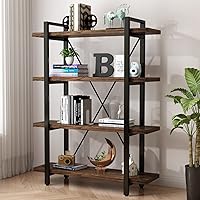 4 Tier Bookshelf Solid Wood Bookcase and Book Shelves Wood and Metal Shelving Rustic Open Bookshelf Office,Distressed Brown (AY-02-4Tier)