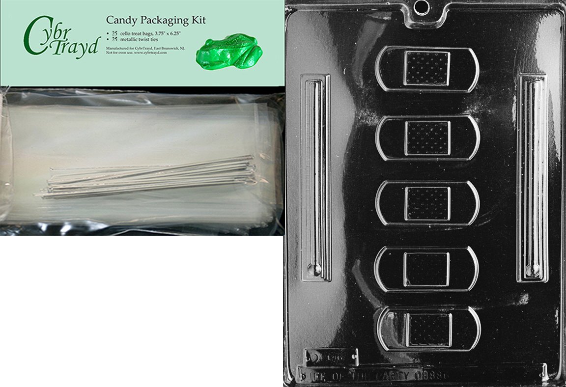 Cybrtrayd Band-Aid and Thermometer Jobs Chocolate Candy Mold with Packaging Bundle of 25 Cello Bags, 25 Silver Twist Ties and Chocolate Molding Instructions